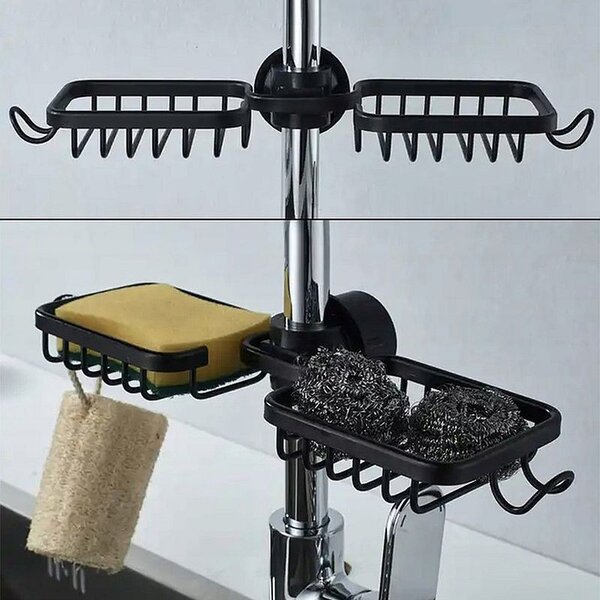 Organizator pentru chiuveta, universal, montare pe robinet, otel inoxidabil, negru