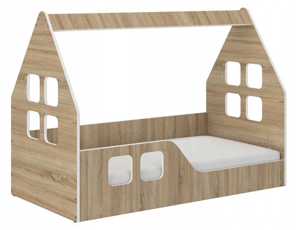 Pat pentru copii Montessori casa 140 x 70 cm stejar sonoma decor stânga