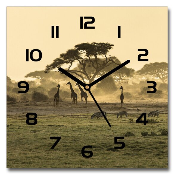 Ceas din sticlă pătrat Girafele pe savana