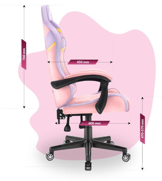 Scaun gaming pentru copii HC - 1004 roz și mov cu detalii galbene
