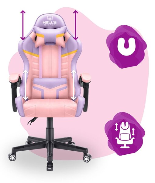 Scaun gaming pentru copii HC - 1004 roz și mov cu detalii galbene