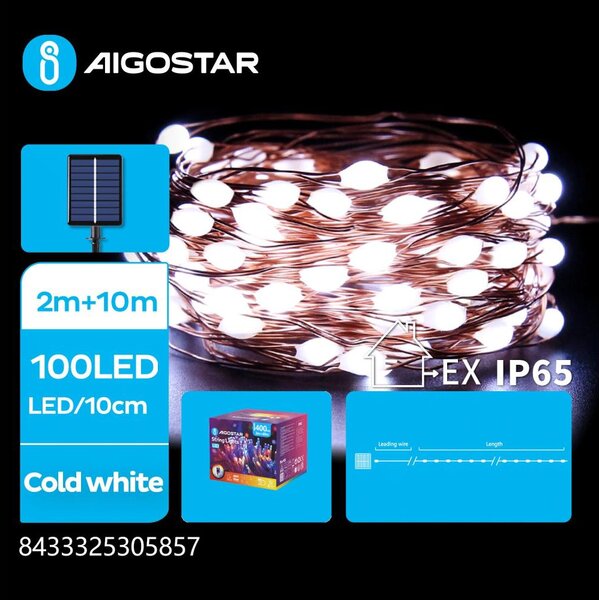 Aigostar - Ghirlandă solară LED 100xLED/8 funcții 12m IP65 alb rece