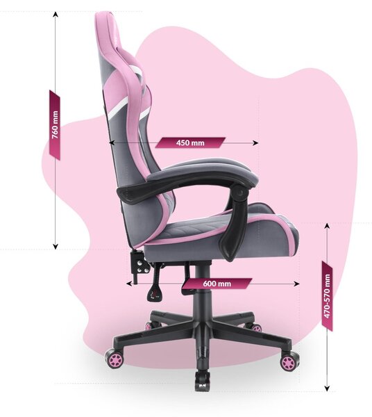 Scaun gaming pentru copii HC - 1004 gri și roz cu detalii albe
