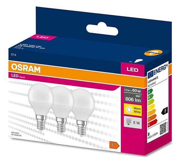 SET 3x bec LED Osram P45 E14/7,5W/230V 3000K