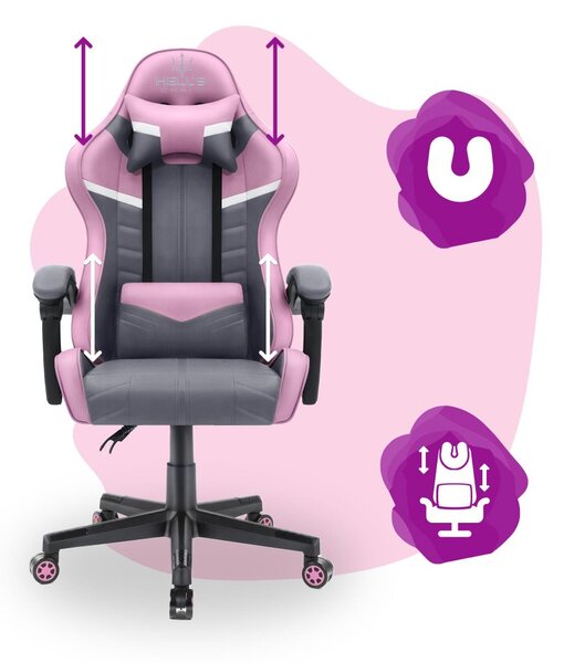 Scaun gaming pentru copii HC - 1004 gri și roz cu detalii albe