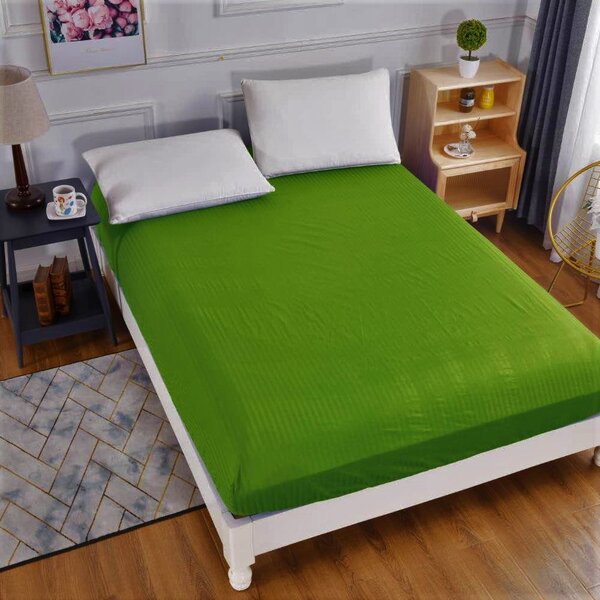 Cearceaf pat cu elastic Damasc - dungi inguste -140x200 cm -Verde