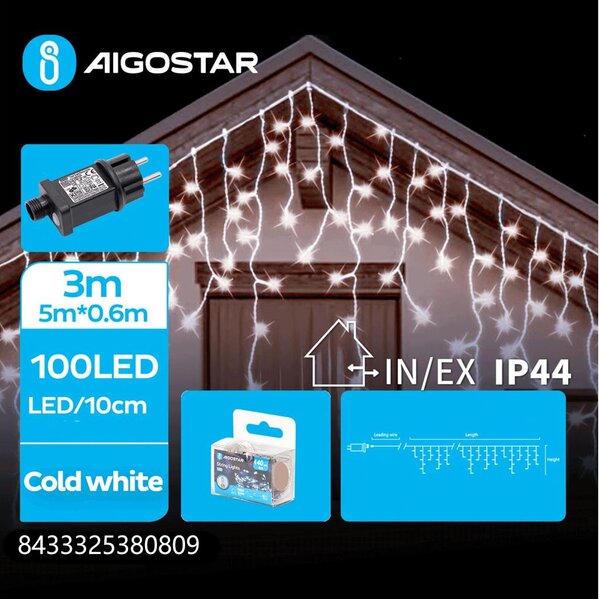 Aigostar - Ghirlandă LED de exterior, 100 LED, 8 moduri, 8 x 0,6 m, IP44, alb rece