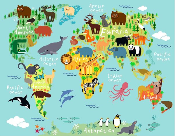 Fototapet. Harta Lumii cu Fauna pt Copii. Art.100043