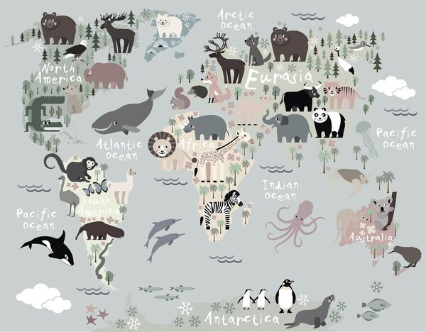 Fototapet. Harta Lumii cu Fauna pt Copii Art.100044