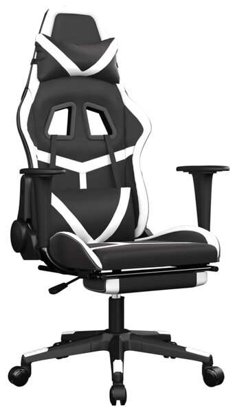 Scaun de gaming masaj/suport picioare alb/negru piele eco