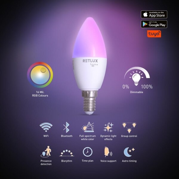 Bec LED RGBW dimabil Retlux C37 E14/4,5W/230V 2700-6500K Wi-Fi Tuya