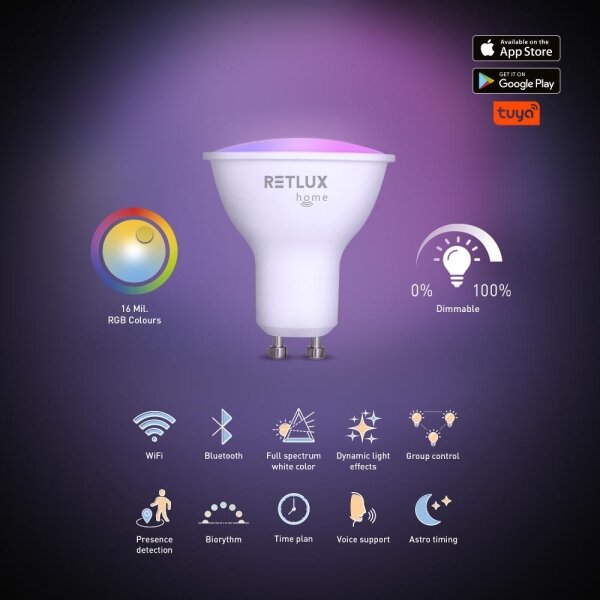 Bec LED RGBW dimabil Retlux MR16 GU10/4,5W/230V 2700-6500K Wi-Fi Tuya