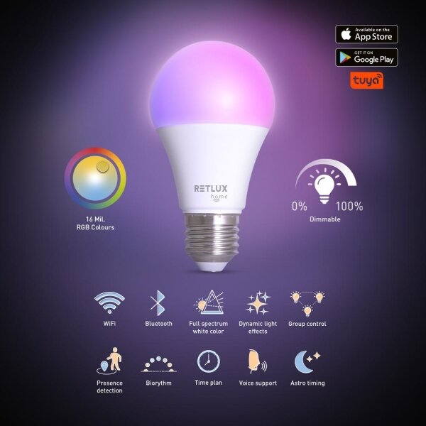 Bec LED RGBW dimabil Retlux A60 E27/9W/230V 2700-6500K Wi-Fi Tuya