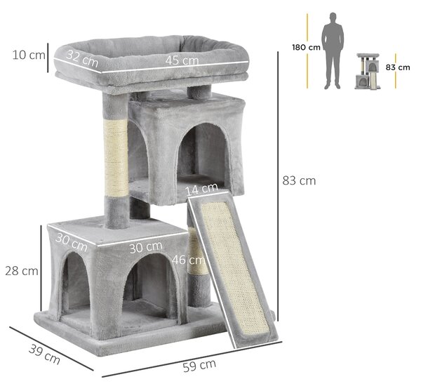 Ansamblu pentru pisici cu stalpi din sisal, pat si 2 case cu tapiterie de plus, 59x39x83cm, gri PawHut | Aosom Romania