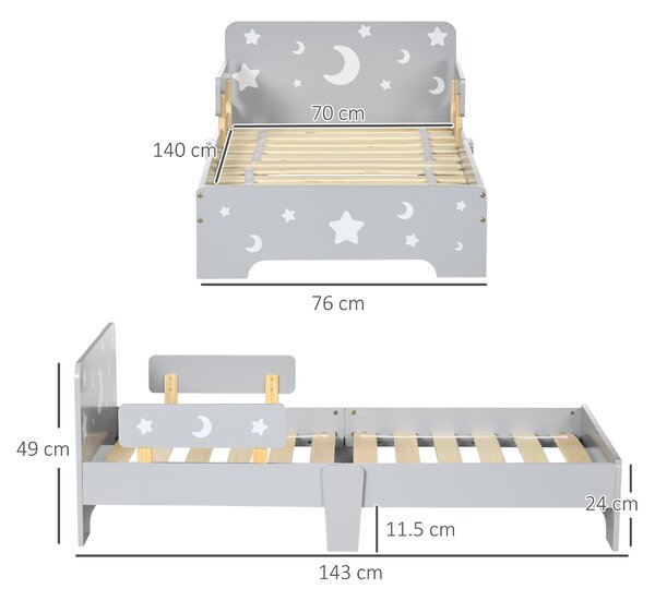 ZONEKIZ Pat pentru copii 3-6 ani cu stele si luna din MDF si PAL, 143x76x49 cm, culoare gri si lemn | Aosom Romania