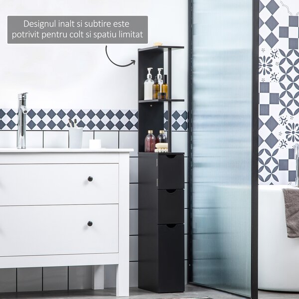 Dulap cu coloana HOMCOM din lemn ce economie de spatiu, dulap de baie cu rafturi, dulap si sertare, negru, 15x33x136.8cm | Aosom Romania