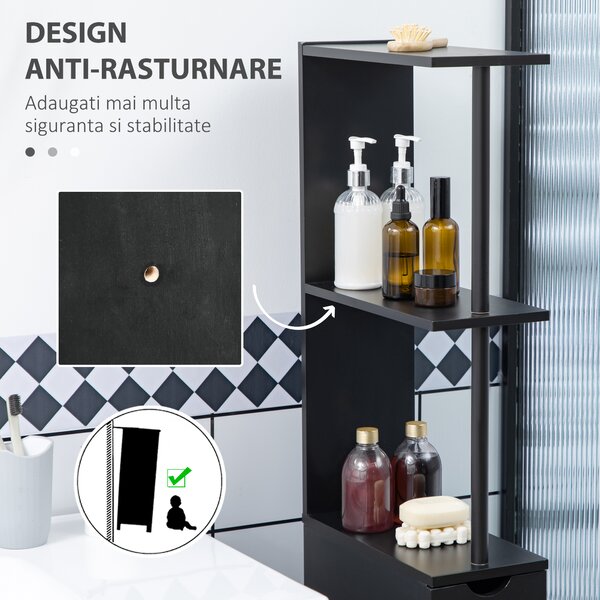 Dulap cu coloana HOMCOM din lemn ce economie de spatiu, dulap de baie cu rafturi, dulap si sertare, negru, 15x33x136.8cm | Aosom Romania
