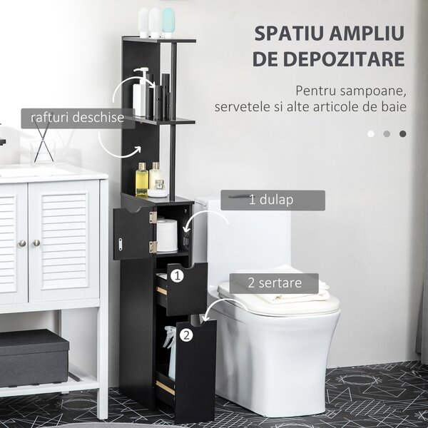Dulap cu coloana HOMCOM din lemn ce economie de spatiu, dulap de baie cu rafturi, dulap si sertare, negru, 15x33x136.8cm | Aosom Romania