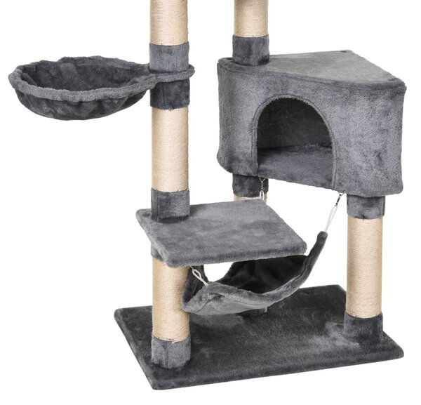 PawHut Stalp de zgarieturi pentru Pisici cu Cusca Hamac Patucuri Suspendate si Stalpi din Franghie Sisal Gri 60x40x154cm | Aosom Romania
