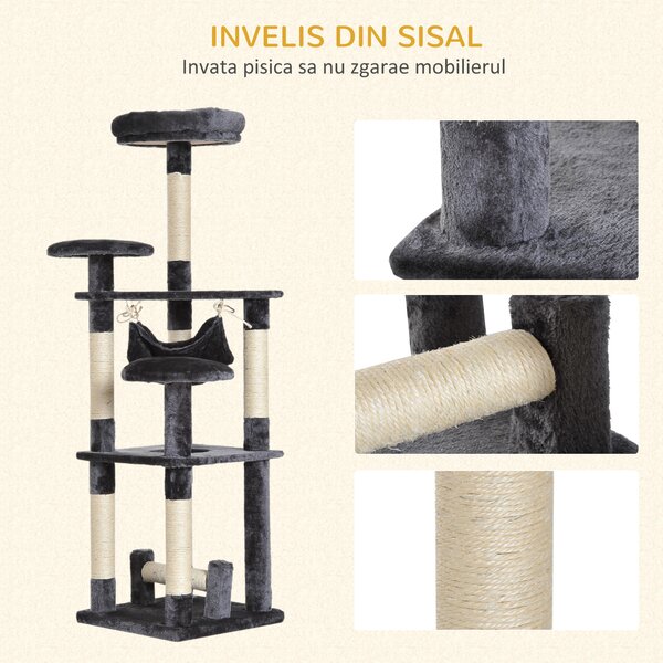 PawHut Copac Pisici 4 Nivele Plus Sisal Natural pentru Ascuit Unghii 40x40x132cm Gri | Aosom Romania