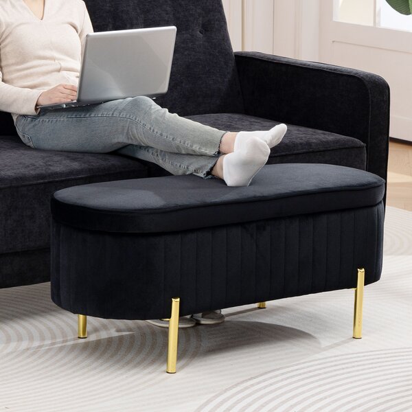 HOMCOM Bancă de Depozitare Ovală 72L cu Capac Rabatabil, din Catifea și Lemn, 108 x 44 x 43,5 cm, Negru | Aosom Romania