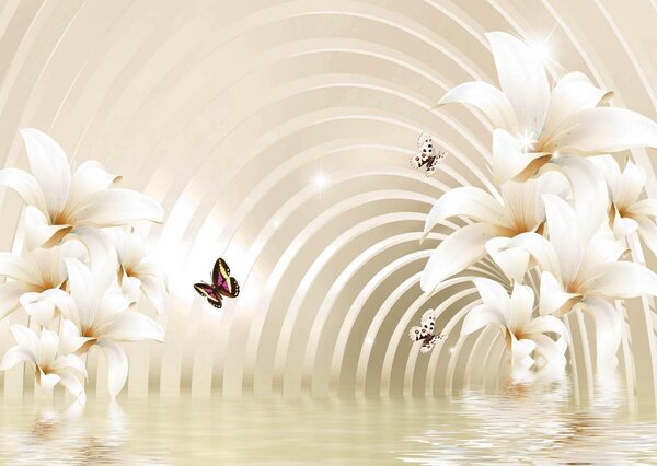 Fototapet 3D, Tunel cu flori albe si fluturi Art.05074