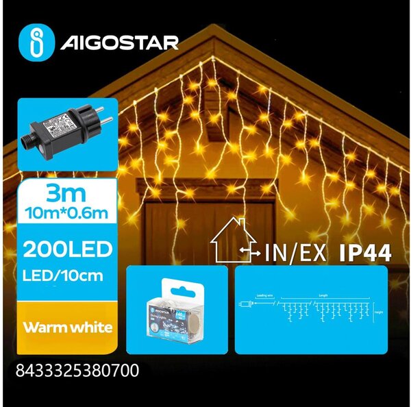 Aigostar - Instalație LED de exterior pentru Crăciun 200xLED/8 funcții 13x0,6m IP44 alb cald