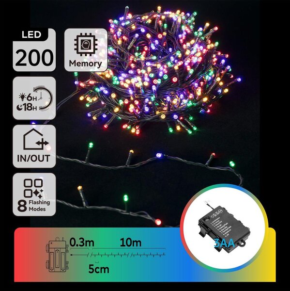 Aigostar - Ghirlandă LED exterior 200 LED, 8 funcții, 3 x AA, 10,3 m, IP44, multicolor