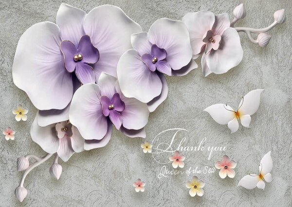 Fototapet 3D, Orhidei violet si fluturi albi Art.05096