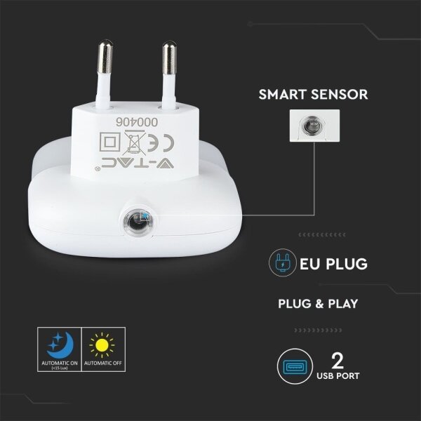 Corp de iluminat LED de veghe pentru priză cu senzor de mișcare 2xUSB LED/0,45W/230V 3000K