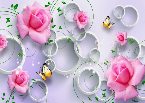 Fototapet 3D, Fluturii si trandafirii roz si cercuri albe Art.05062