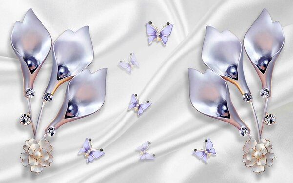 Fototapet 3D, Flori violete si fluturi pe fundal alb Art.05304
