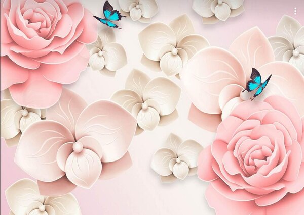 Fototapet 3D, Flori roz si fluturi albastri Art.05044