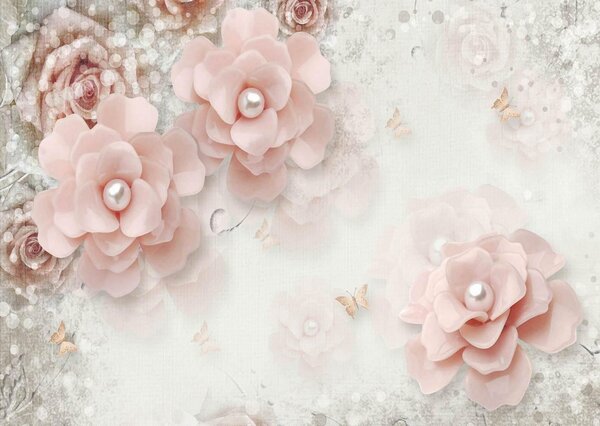 Fototapet 3D, Flori roz si perle pe un fundal alb Art.05102