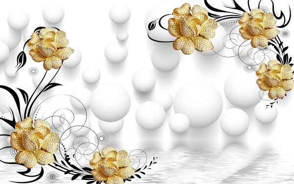 Fototapet 3D, Flori galbene cu baloane albe Art.05361