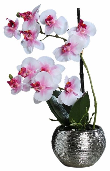 Orhidee artificiala Phalaenopsis alb-roz cu aspect 100% natural in vas ceramic, 30 cm