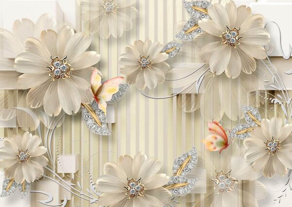 Fototapet 3D, Flori albe cu pietre pretioase si fluturi Art.05077