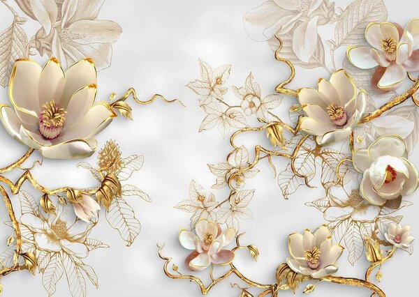 Fototapet 3D, Flori albe cu ramuri aurii Art.05125
