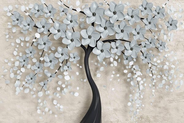 Fototapet 3D, Copacul cu flori albastre pe un fundal gri Art.05368