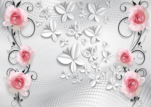 Fototapet 3D , Trandafiri roz si fluturi argintii Art.05137
