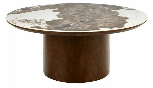 Măsuță cafea RONDO, alb lucios/nuc, ceramică/furnir/MDF, 80x80x35 cm
