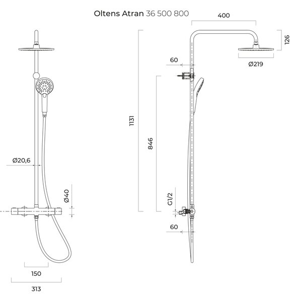 Oltens Atran set de duș perete cu termostat cu duș de ploaie auriu strălucitor 36500800