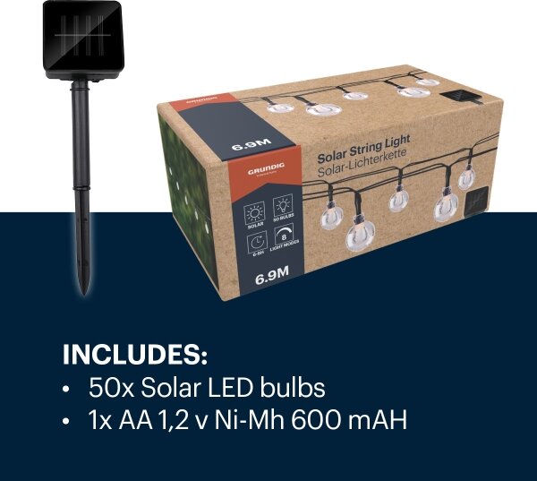 Lanț LED solar Grundig 50xLED/8 funcții 6,9 m alb cald