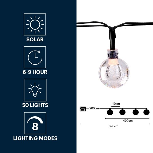 Lanț LED solar Grundig 50xLED/8 funcții 6,9 m alb cald