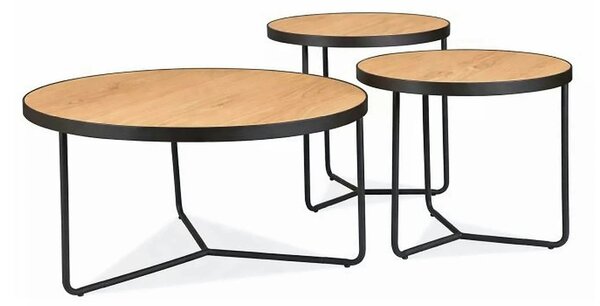 Set 3 măsuțe cafea DEMETER, stejar/negru, furnir/metal/MDF