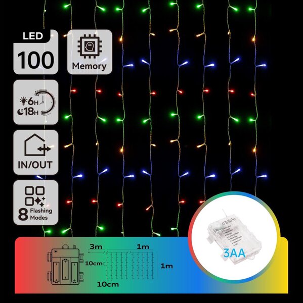 Instalație LED de Crăciun de exterior Aigostar 100xLED/8 funcții 3xAA 4x1m IP44 multicolor