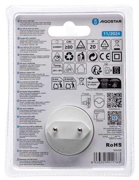 Corp de iluminat LED de veghe cu senzor Aigostar LED/0,5W/230V 3000K