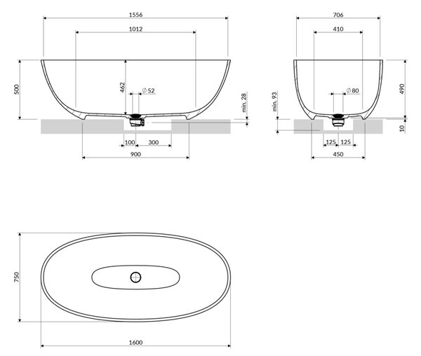 Cada freestanding, Omnires SHELL M+, 160 x 75 cm, gri cenușă mat