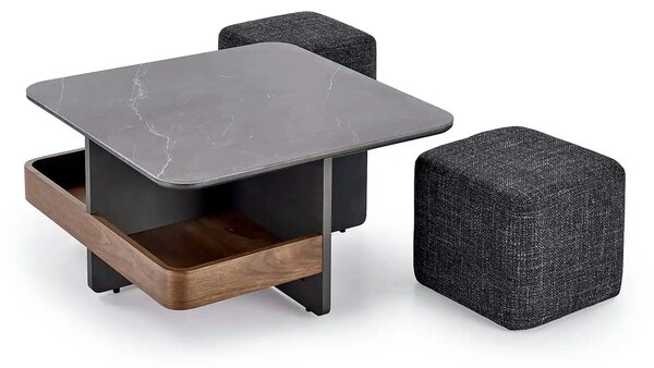 Set masuta cafea si 2 taburete VICKER, negru cu efect de marmura/nuc/g