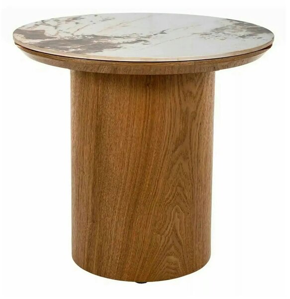 Măsuță cafea RONDO, alb lucios/stejar, ceramică/furnir/MDF, 50x50x45 c